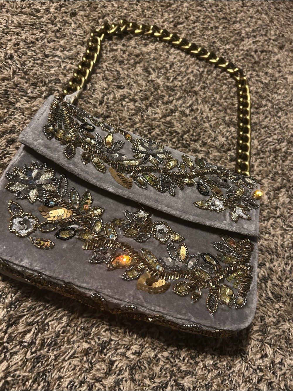 Hand Beaded Gray Velvet Shoulder Bag with Gold Chain